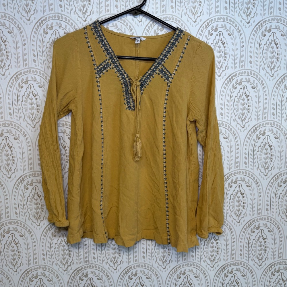 Sonoma Goods For Life Mustard‎ Yellow Embroidered Boho Tassel Blouse Small